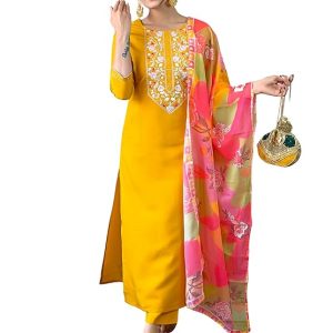 Naixa Women's Rayon Embroidered Straight Kurta with Pant and Dupatta