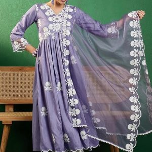 SheWill Women's Silk Blend Chain Work Embroidered A Line Kurta with Pant Set For Wedding, Ethnic Wear