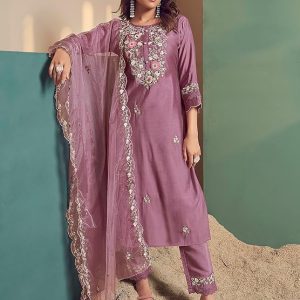 Women's Embroidered Straight Kurta Pant With Dupatta Set